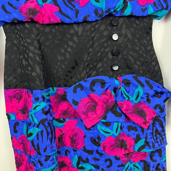 Vintage 80 A.J. Bari Blue Silk Party Dress Animal Print Floral Bow Designer Sz 6 - Picture 9 of 10